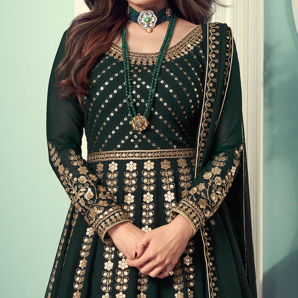 Green Partywear Heavy Embroidered Georgette Anarkali Suit - Peachmode