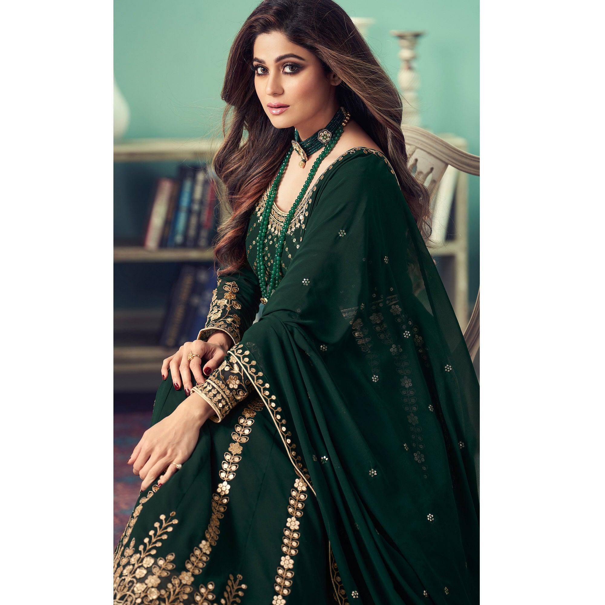 Green Partywear Heavy Embroidered Georgette Anarkali Suit - Peachmode