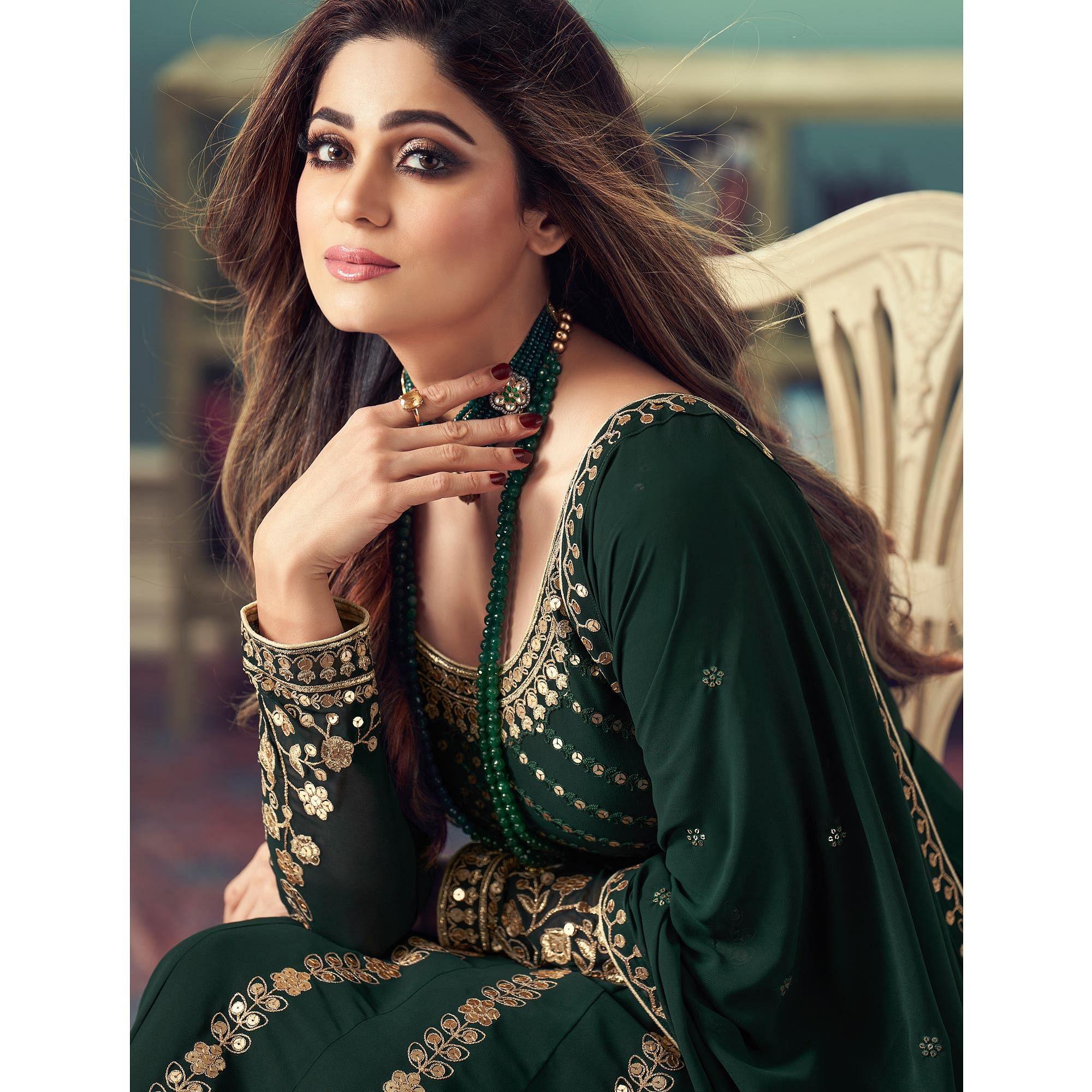 Green Partywear Heavy Embroidered Georgette Anarkali Suit - Peachmode