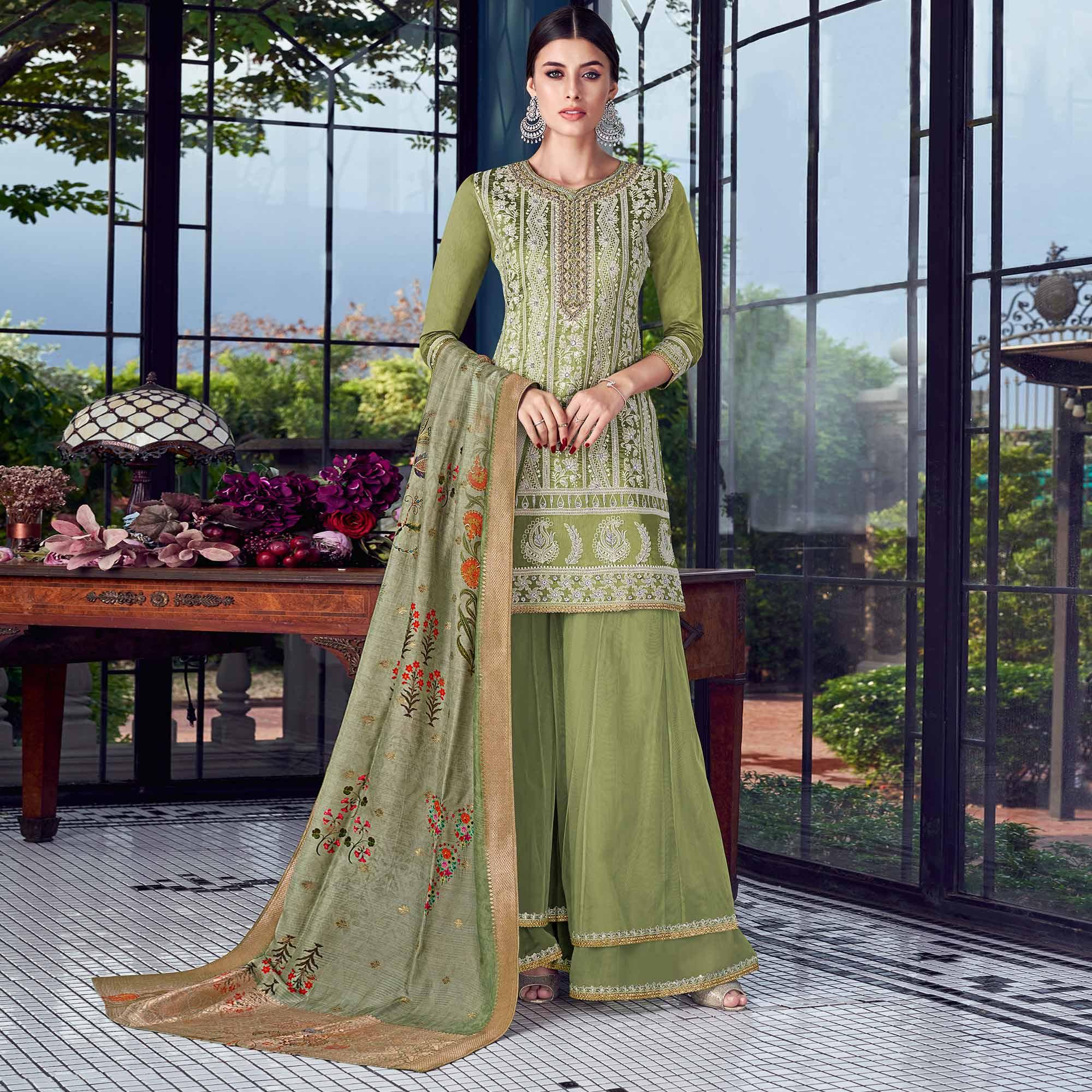 Green Partywear Lakhnavi Embroidered Silk Dress Material - Peachmode
