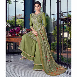 Green Partywear Lakhnavi Embroidered Silk Dress Material - Peachmode
