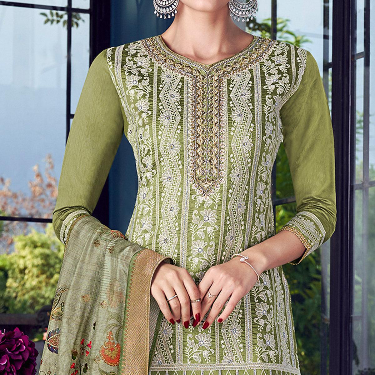 Green Partywear Lakhnavi Embroidered Silk Dress Material - Peachmode