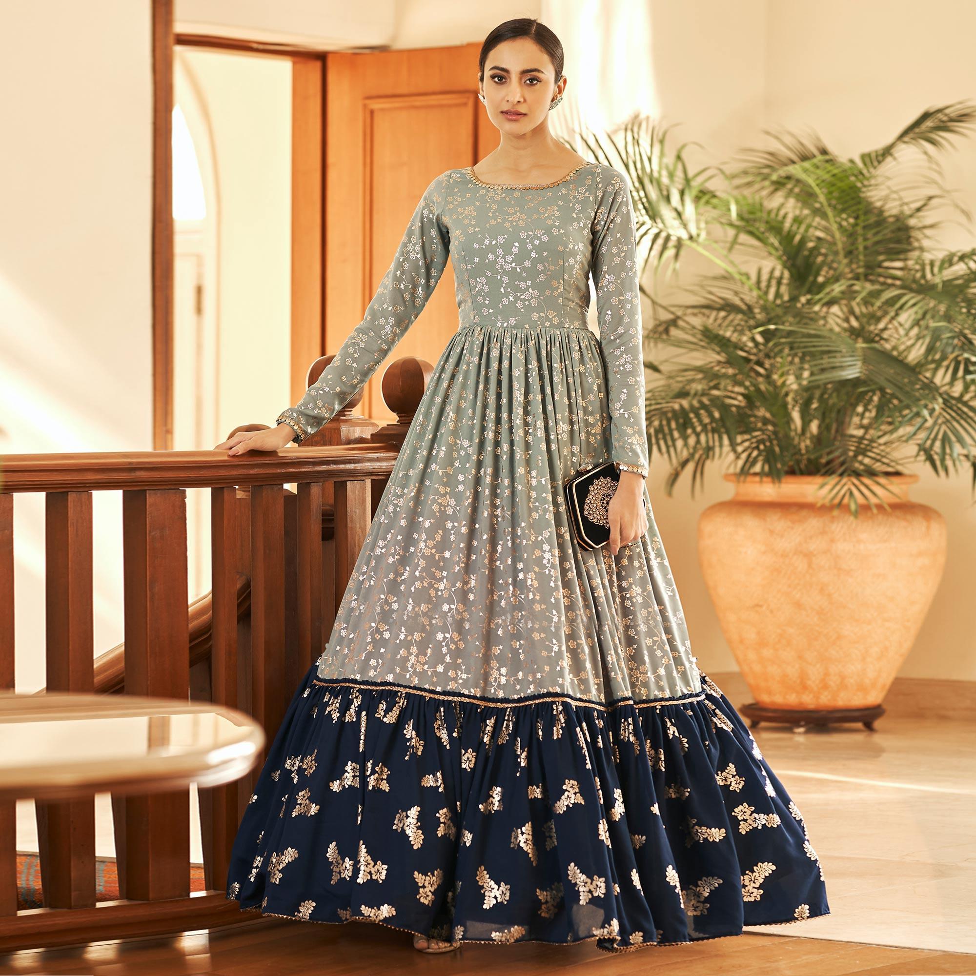 Green Partywear Metallic Foil Work Georgette Gown - Peachmode