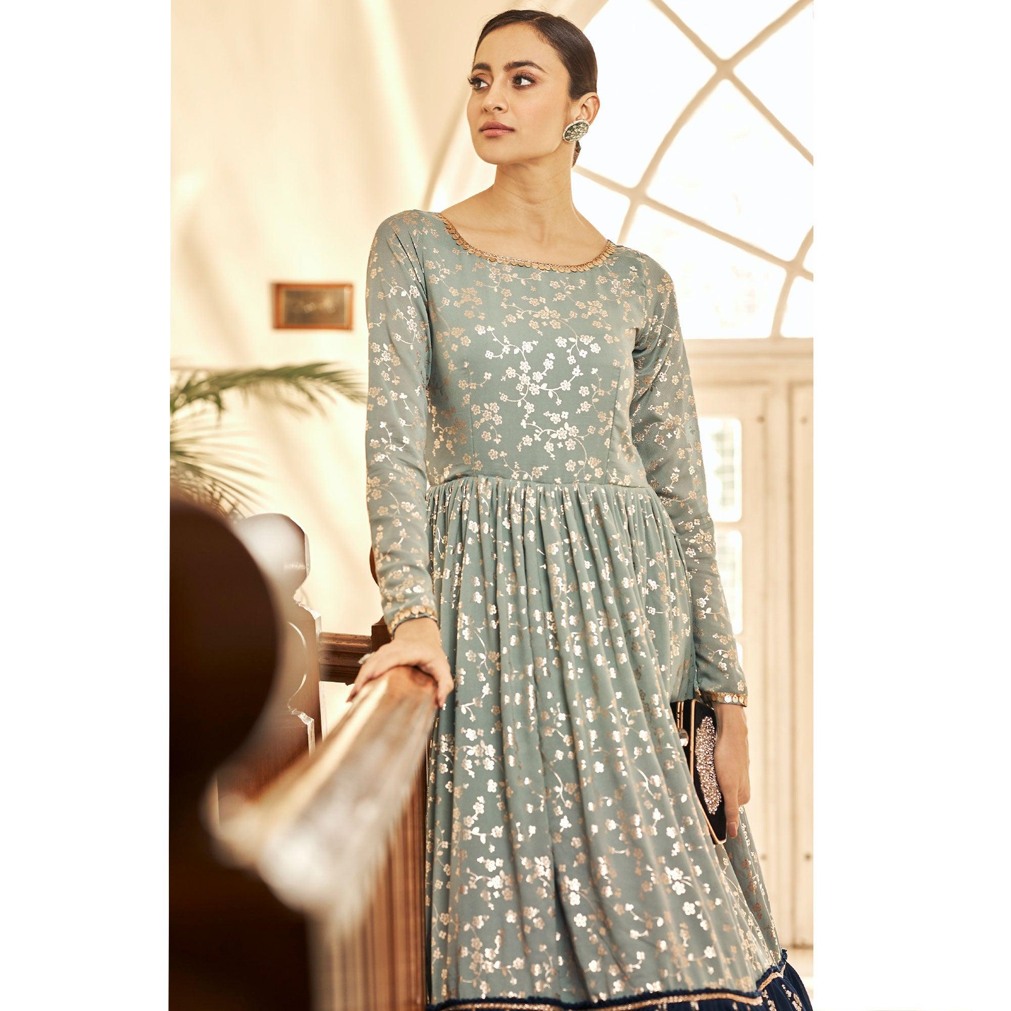 Green Partywear Metallic Foil Work Georgette Gown - Peachmode