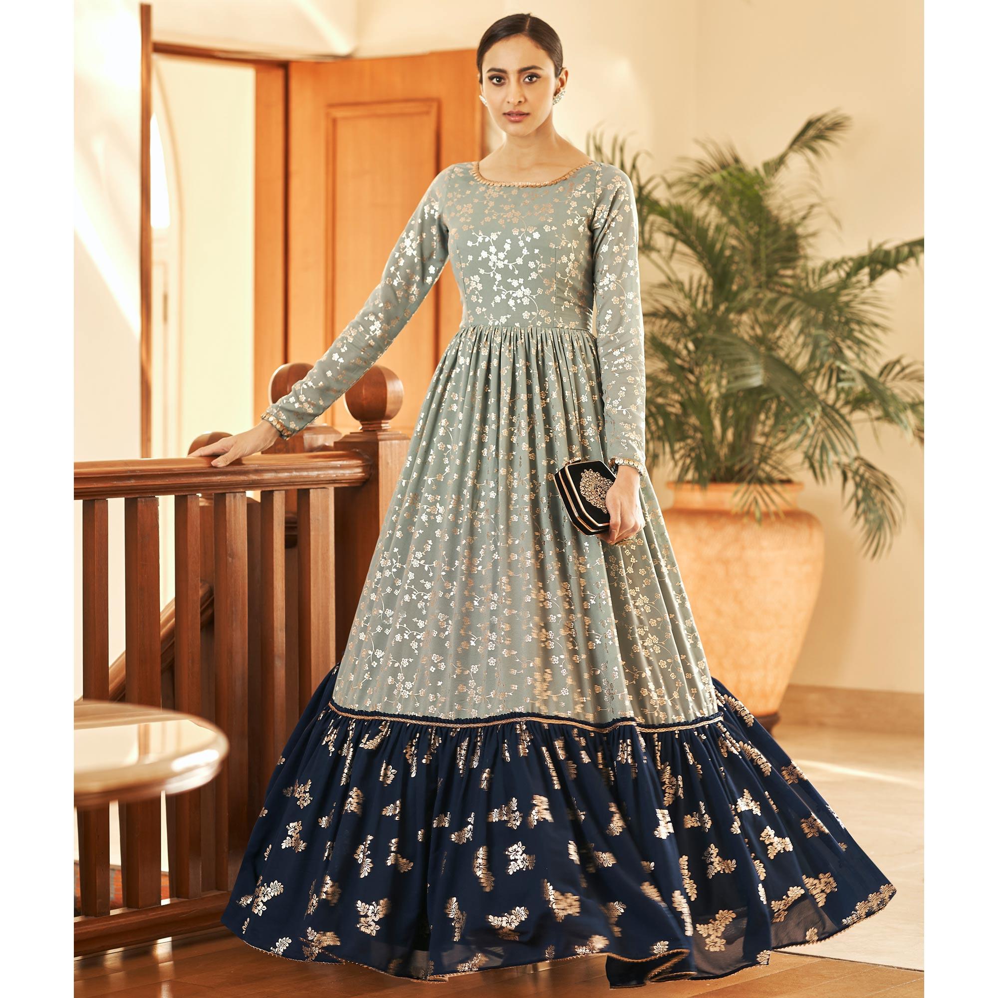 Green Partywear Metallic Foil Work Georgette Gown - Peachmode