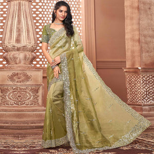 Green Partywear Mirror Work Embroidered Organza Saree - Peachmode