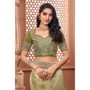 Green Partywear Mirror Work Embroidered Organza Saree - Peachmode