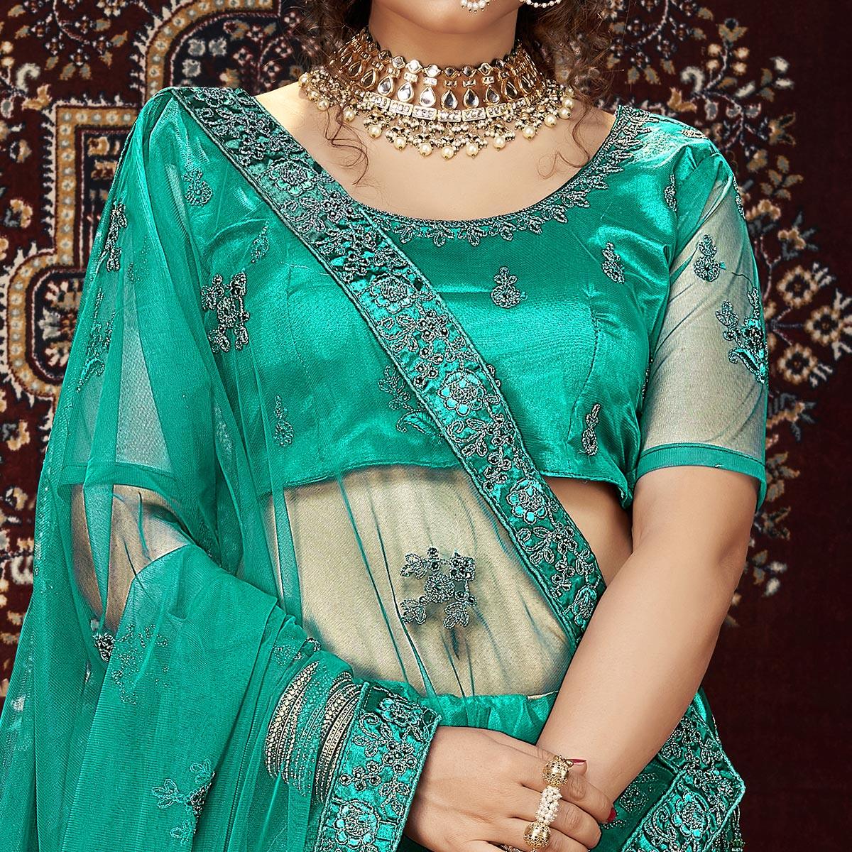 Green Partywear Multi Sequence Embroidered Net Lehenga Choli - Peachmode