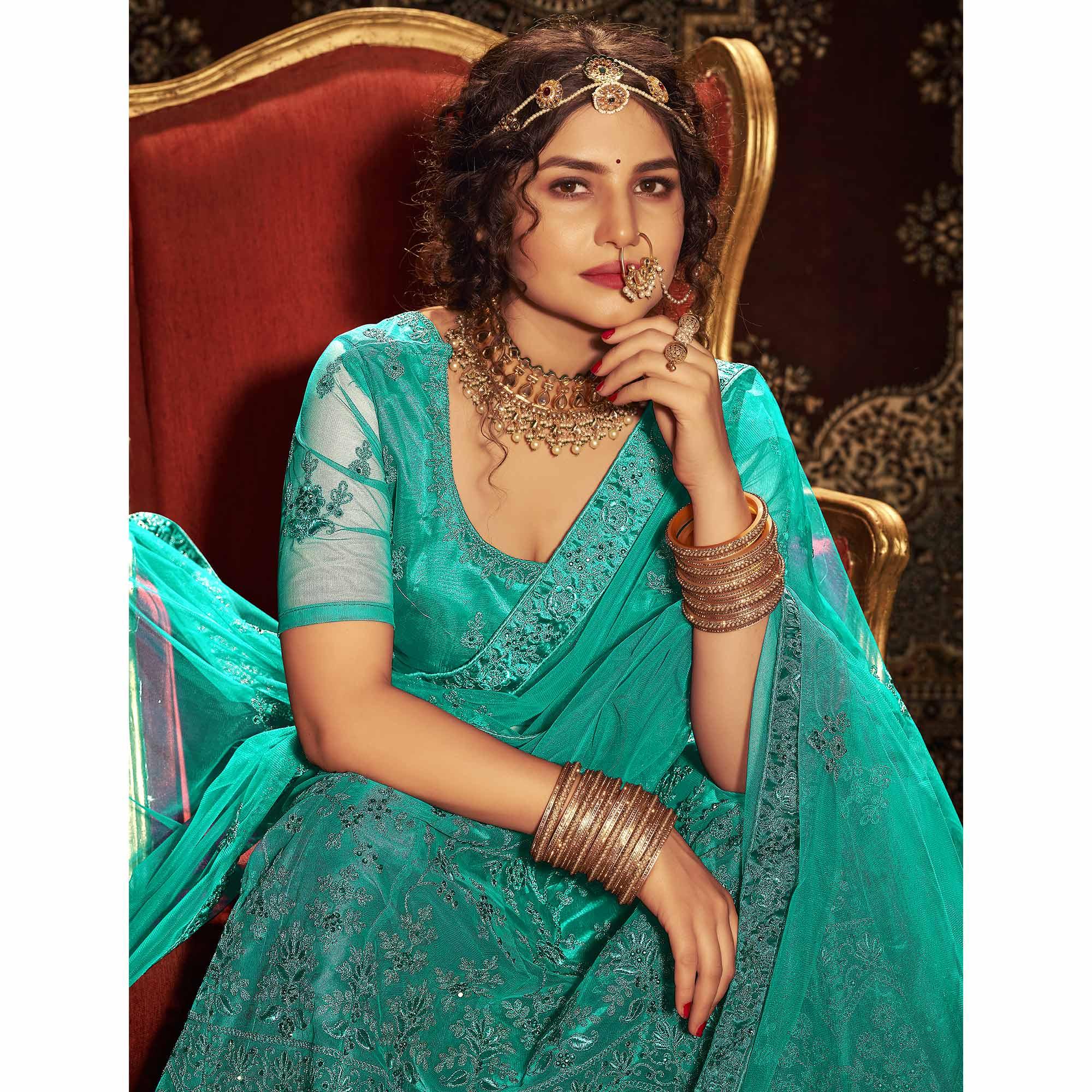 Green Partywear Multi Sequence Embroidered Net Lehenga Choli - Peachmode