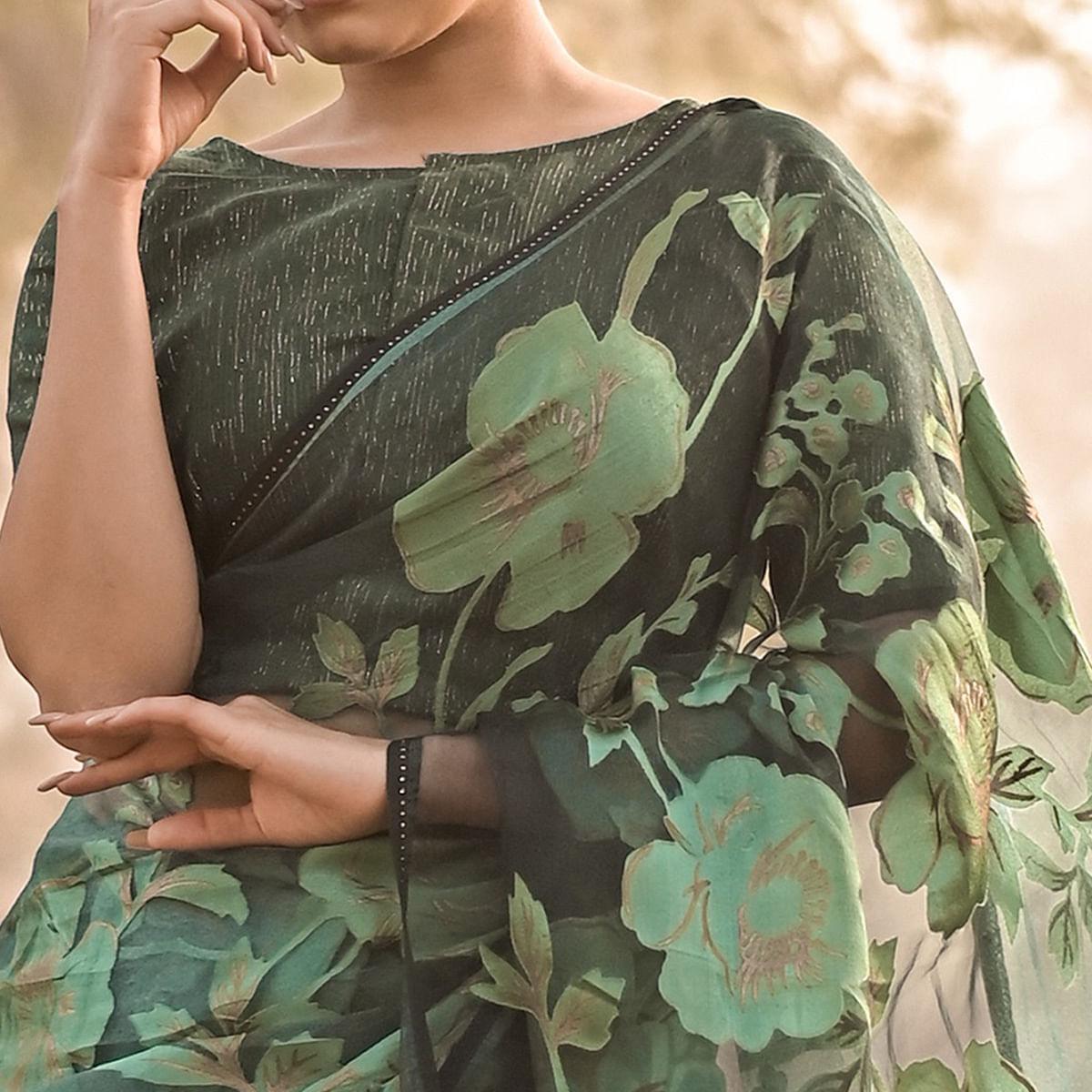 Green Partywear Piping Stone Velvet Zari Organza Saree - Peachmode
