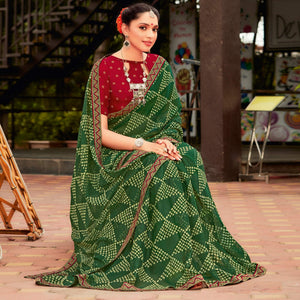 Green Partywear Printed Chiffon Saree With Border - Peachmode