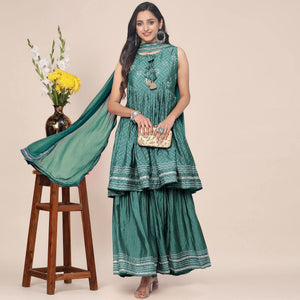 Green Partywear Printed Cotton Silk Sharara Suit - Peachmode