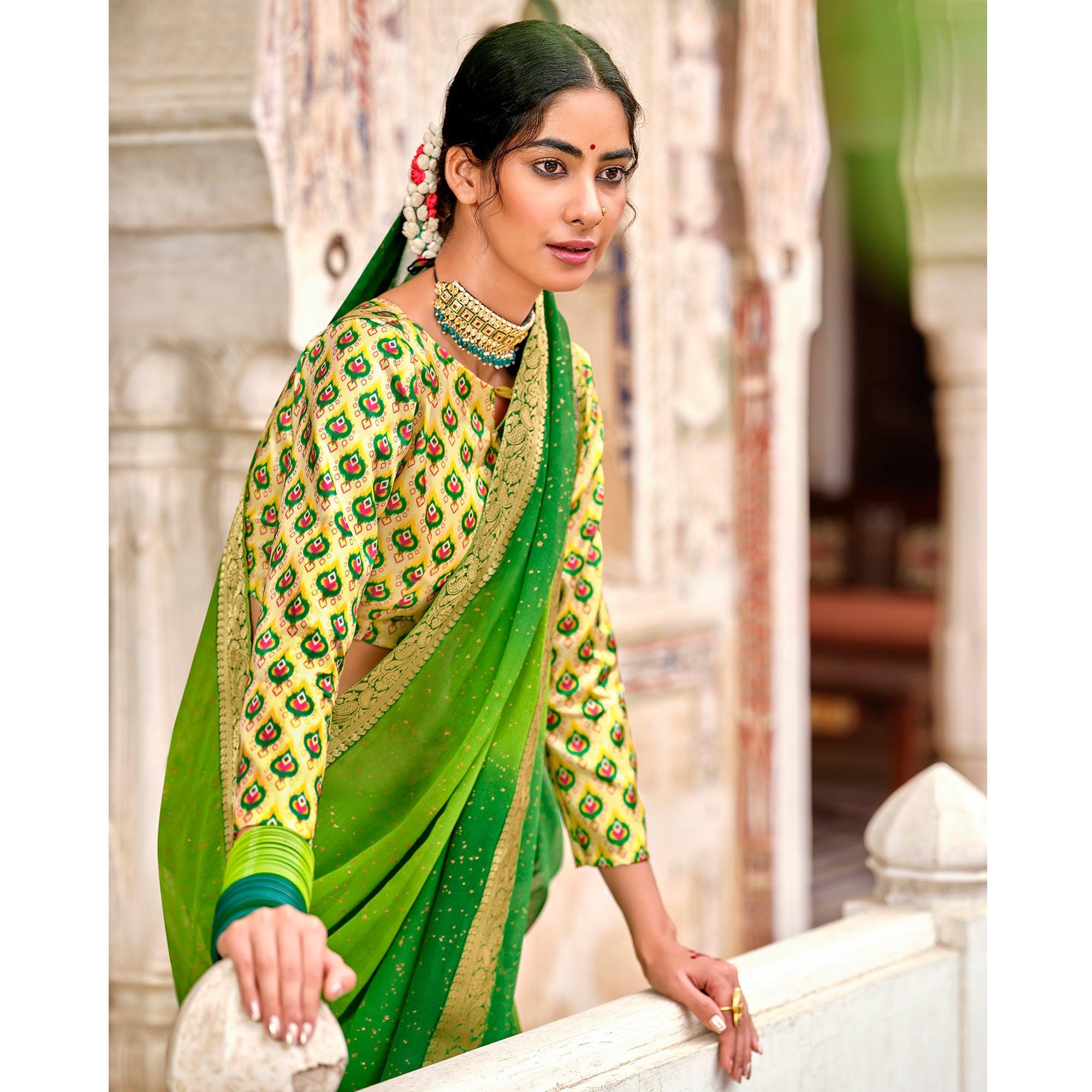 Green Partywear Printed Georgette Saree With Gold Zari - Peachmode