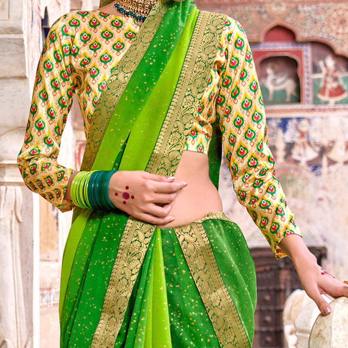 Green Partywear Printed Georgette Saree With Gold Zari - Peachmode
