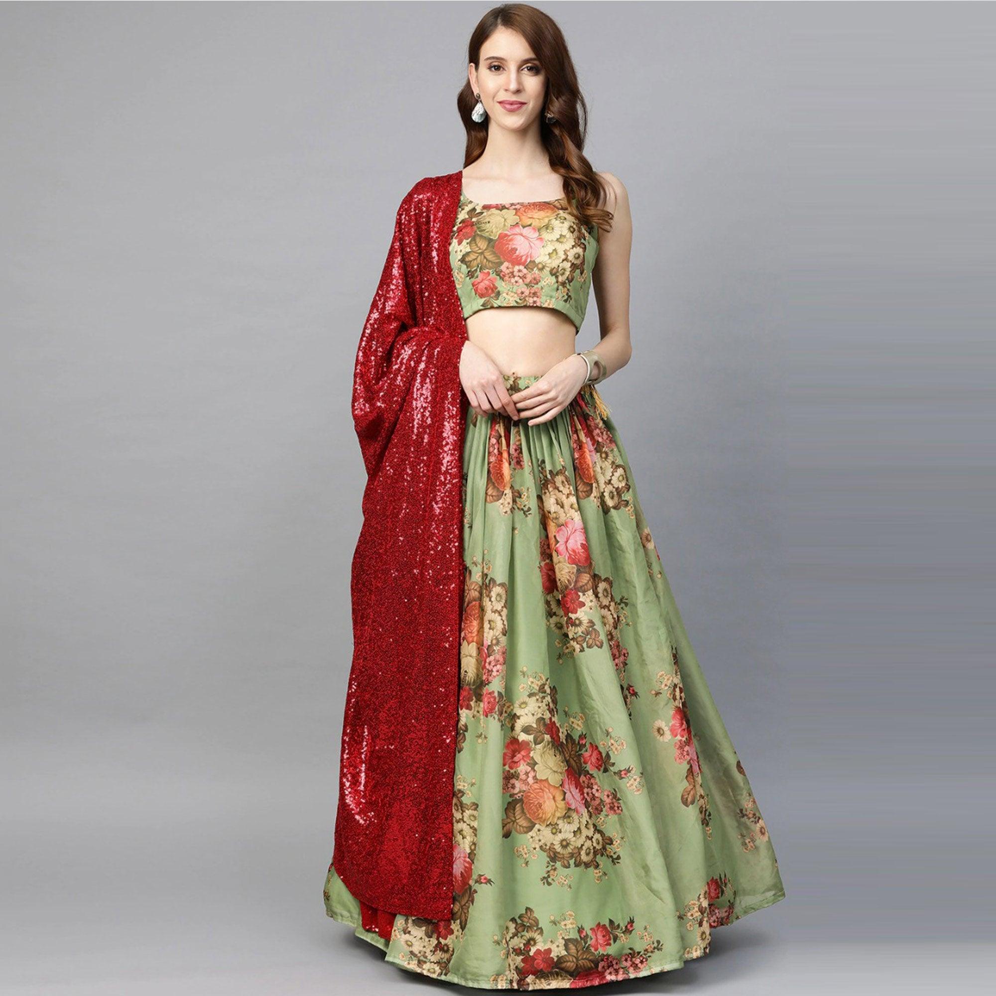 Green Partywear Printed Sequence Pure Organza Lehenga Choli - Peachmode