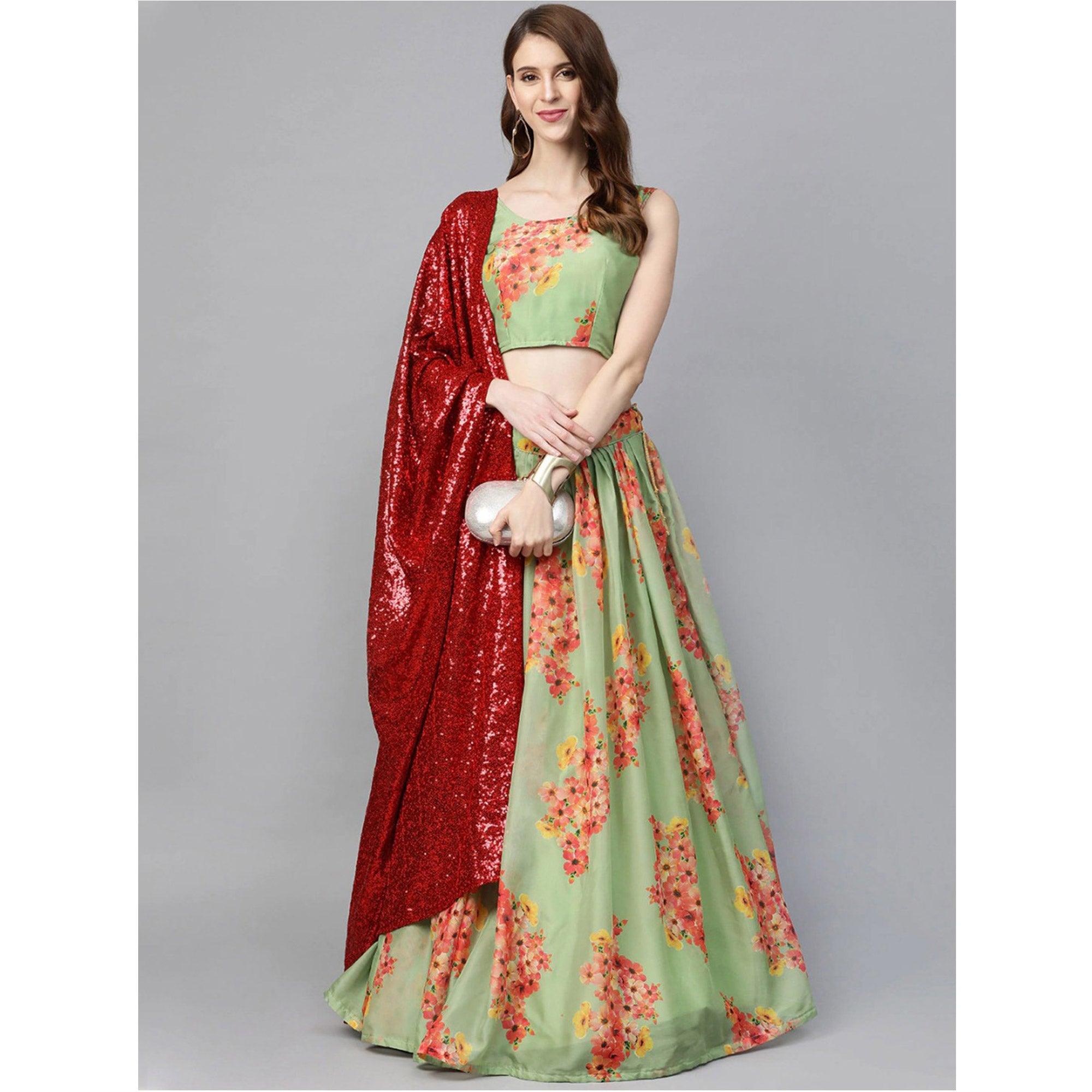 Green Partywear Printed Sequence Pure Organza Lehenga Choli - Peachmode