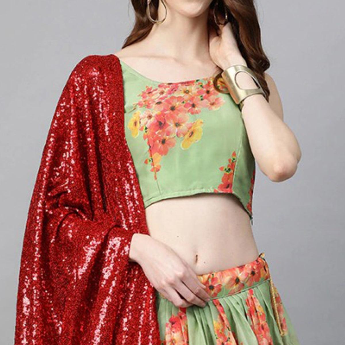 Green Partywear Printed Sequence Pure Organza Lehenga Choli - Peachmode