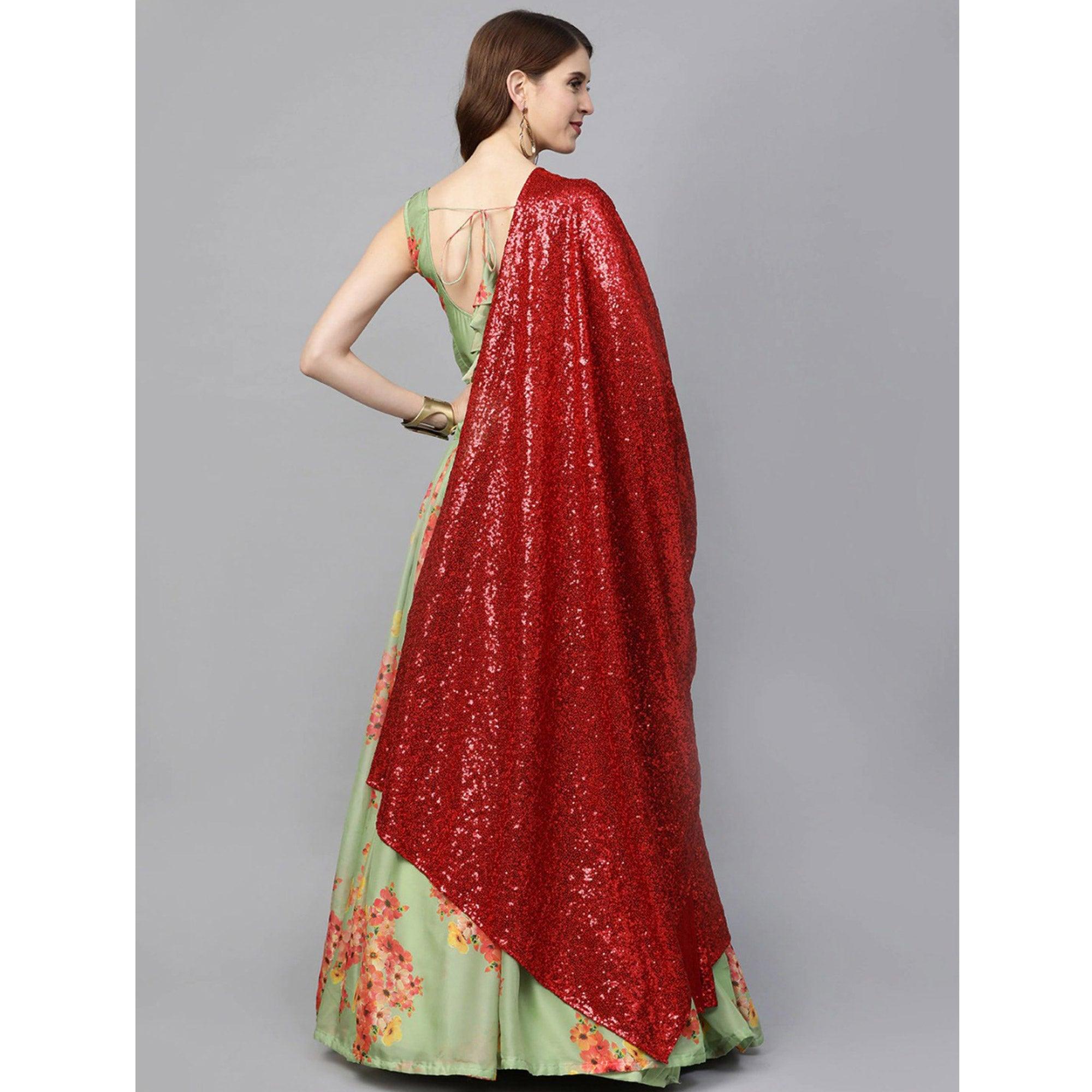 Green Partywear Printed Sequence Pure Organza Lehenga Choli - Peachmode