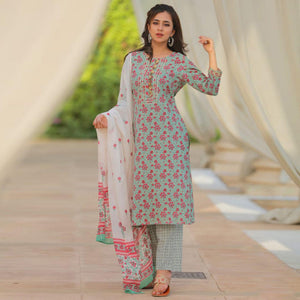 Green Partywear Printed With Gotti Patta Cotton Kurti Pant Set - Peachmode