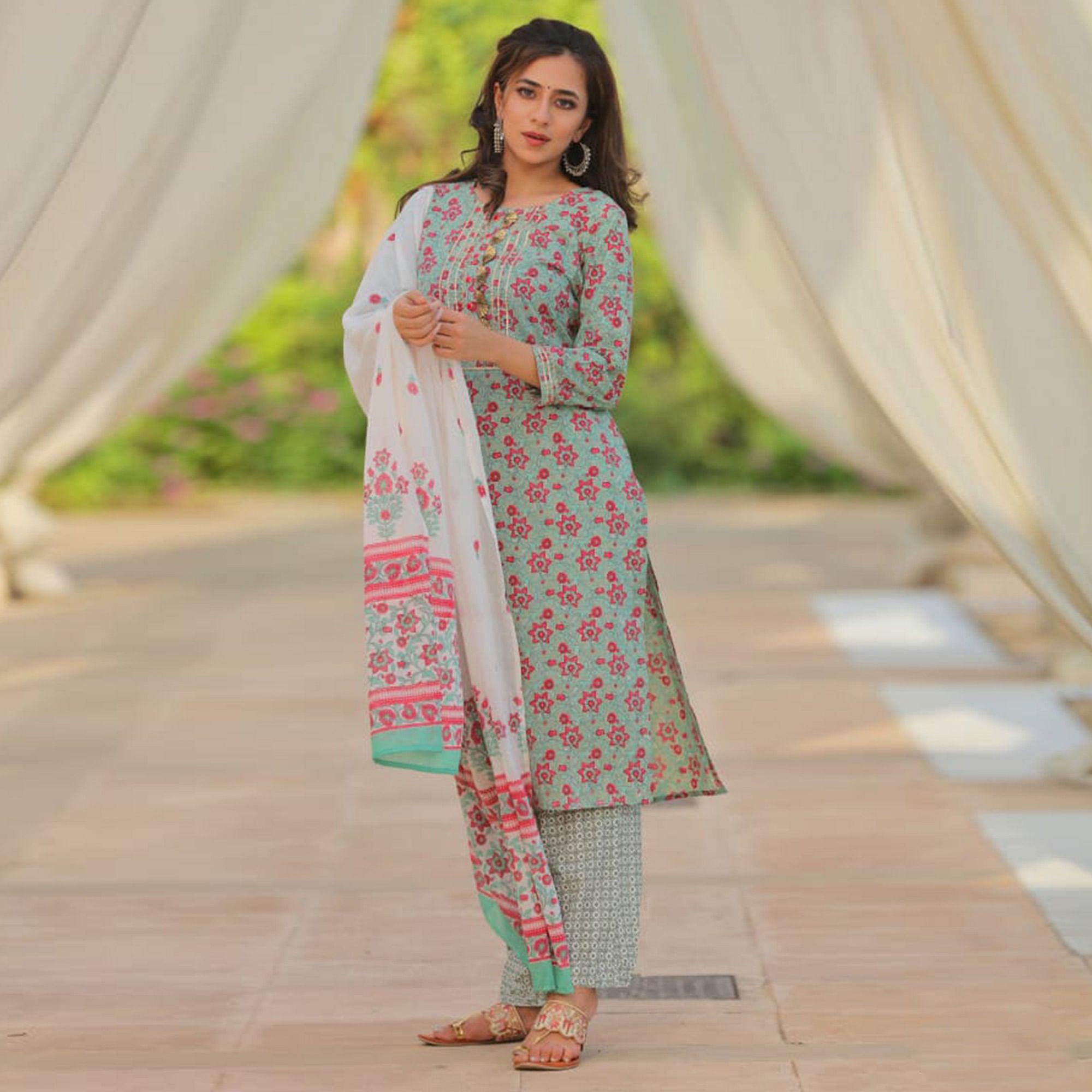 Green Partywear Printed With Gotti Patta Cotton Kurti Pant Set - Peachmode