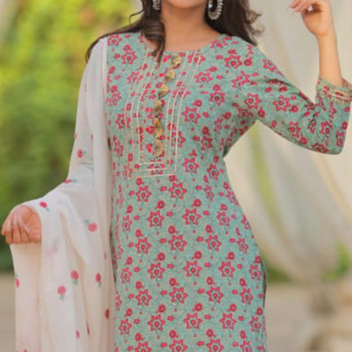 Green Partywear Printed With Gotti Patta Cotton Kurti Pant Set - Peachmode