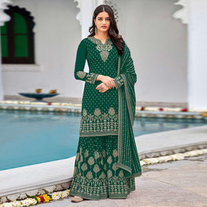 Green Partywear Sequence & Embroidered Faux Georgette Salwar Suit - Peachmode