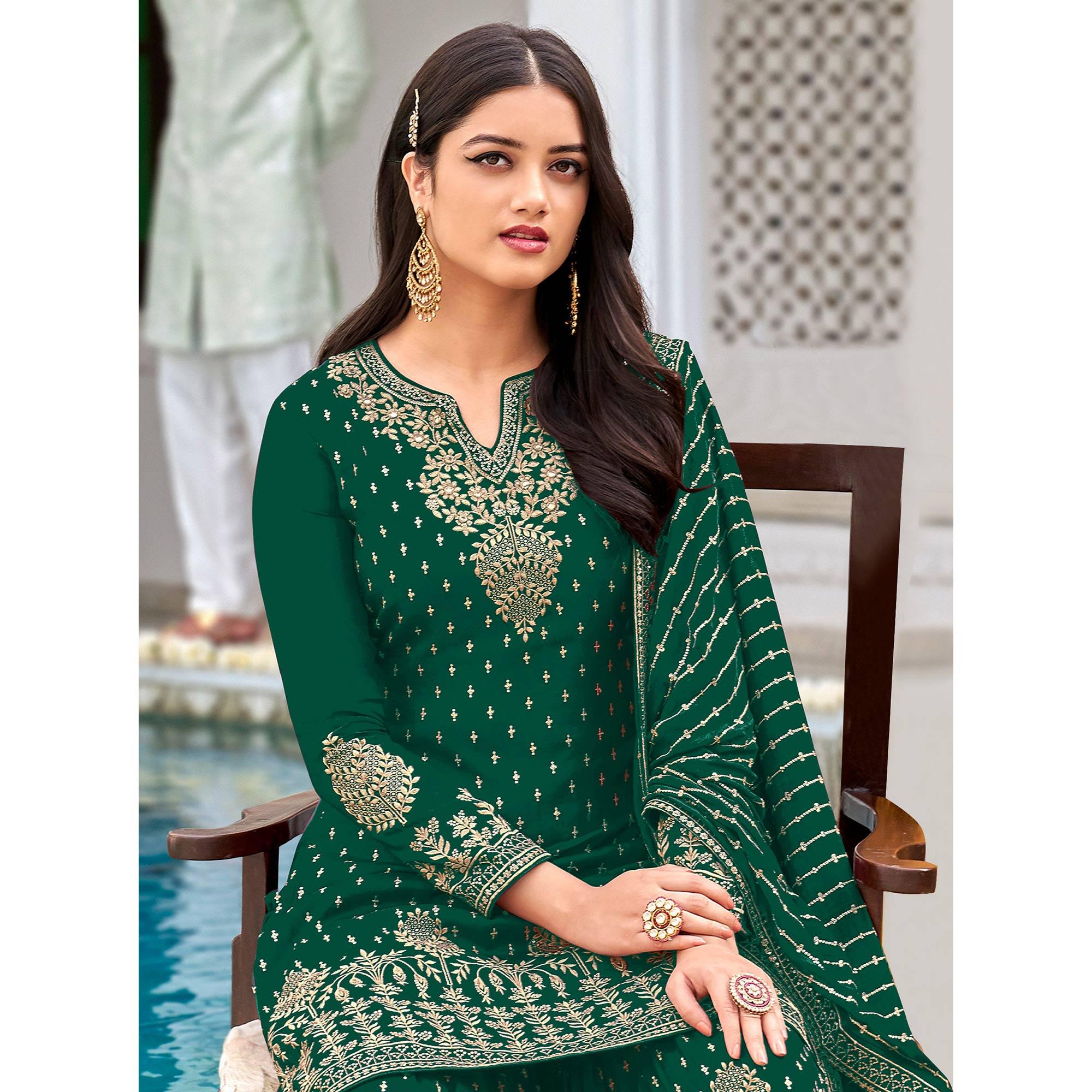 Green Partywear Sequence & Embroidered Faux Georgette Salwar Suit - Peachmode