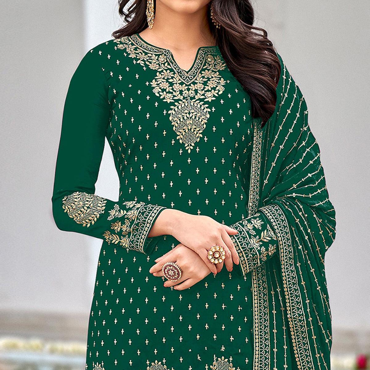 Green Partywear Sequence & Embroidered Faux Georgette Salwar Suit - Peachmode