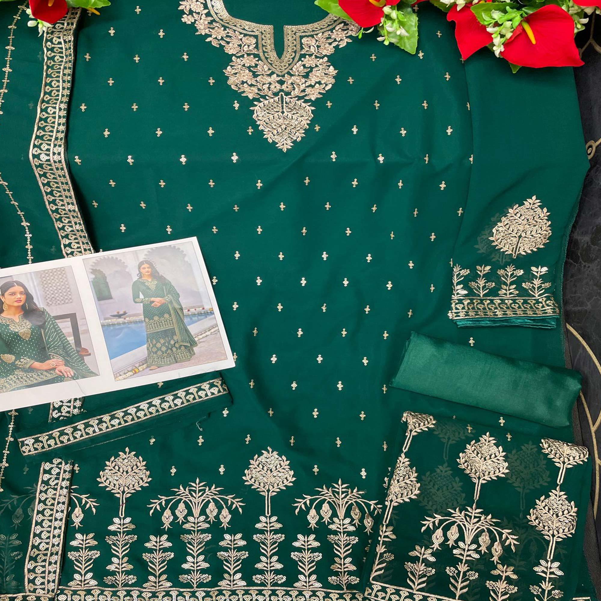 Green Partywear Sequence & Embroidered Faux Georgette Salwar Suit - Peachmode