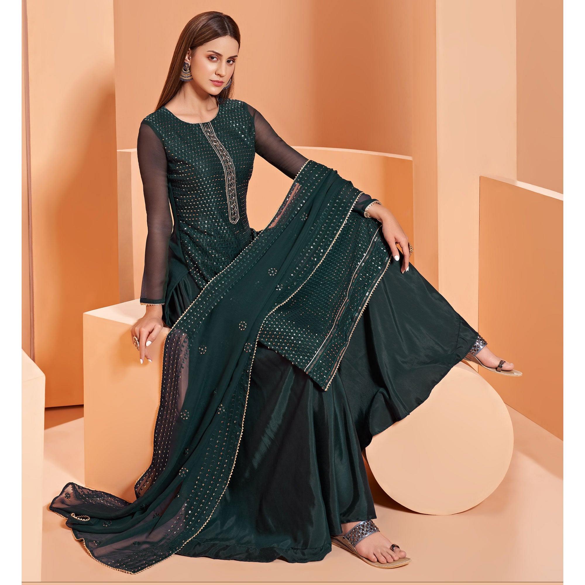 Green Partywear Sequence & Thread Embroidered Pure Georgette Palazzo Suit - Peachmode