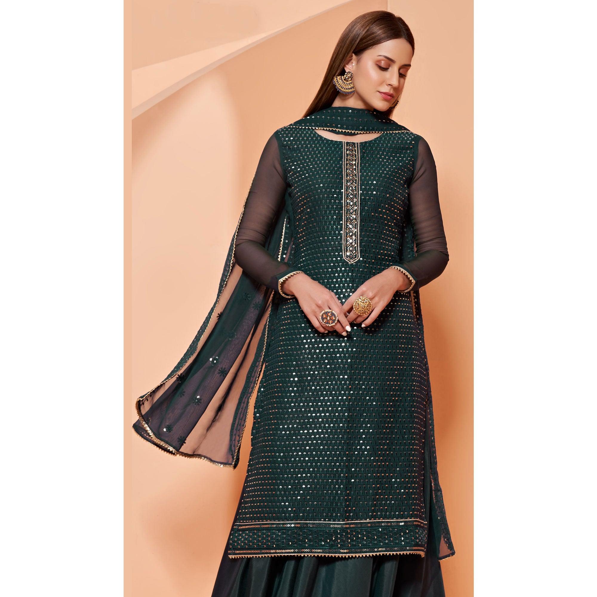 Green Partywear Sequence & Thread Embroidered Pure Georgette Palazzo Suit - Peachmode