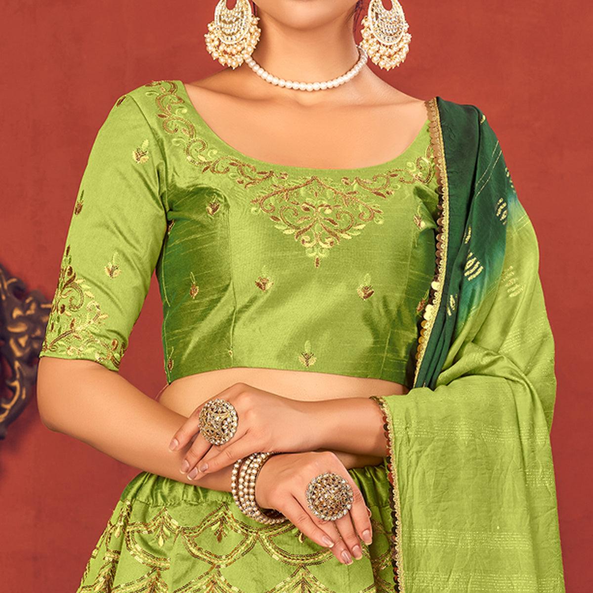 Green Partywear Sequence Embroidered Art Silk Lehenga Choli - Peachmode