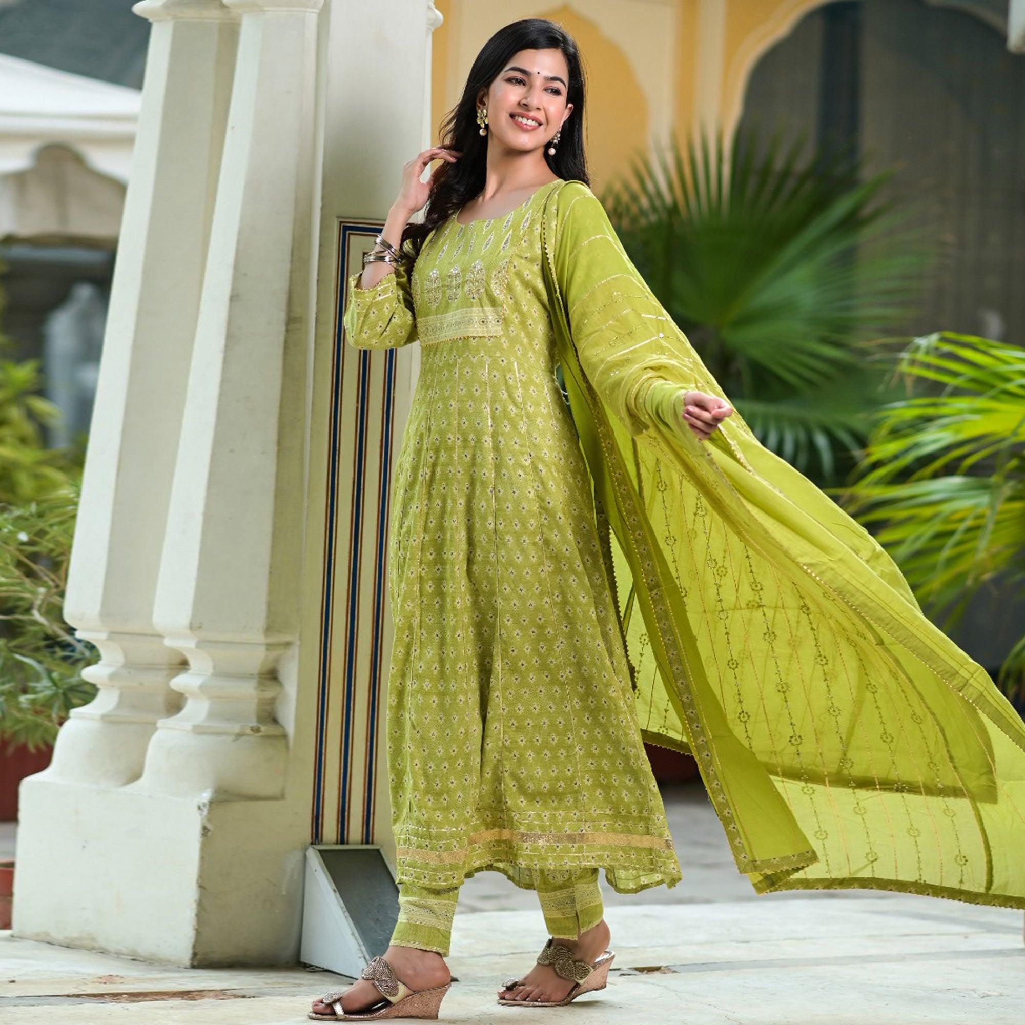 Green Partywear Sequence Embroidered Cotton Anarkali Suit - Peachmode