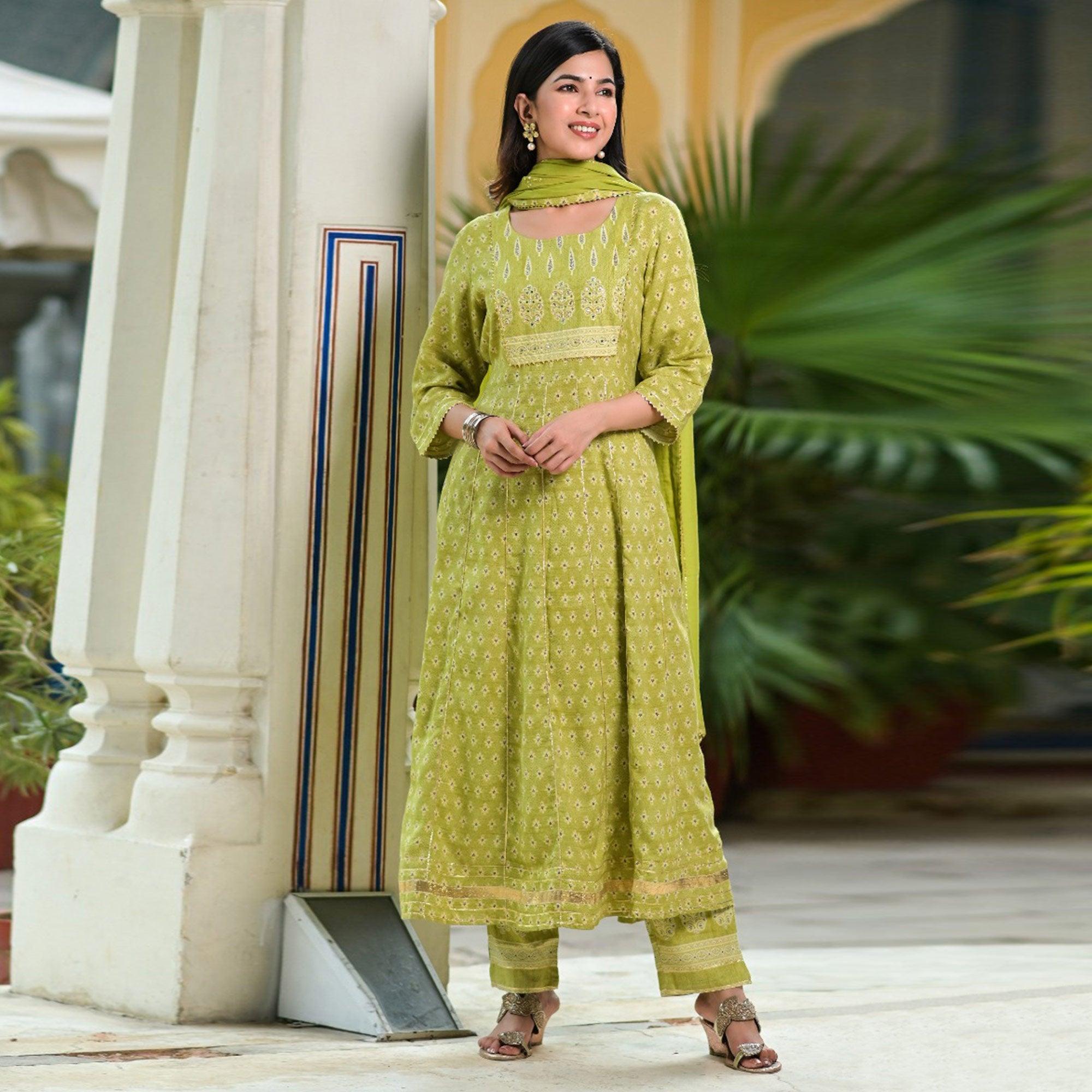 Green Partywear Sequence Embroidered Cotton Anarkali Suit - Peachmode