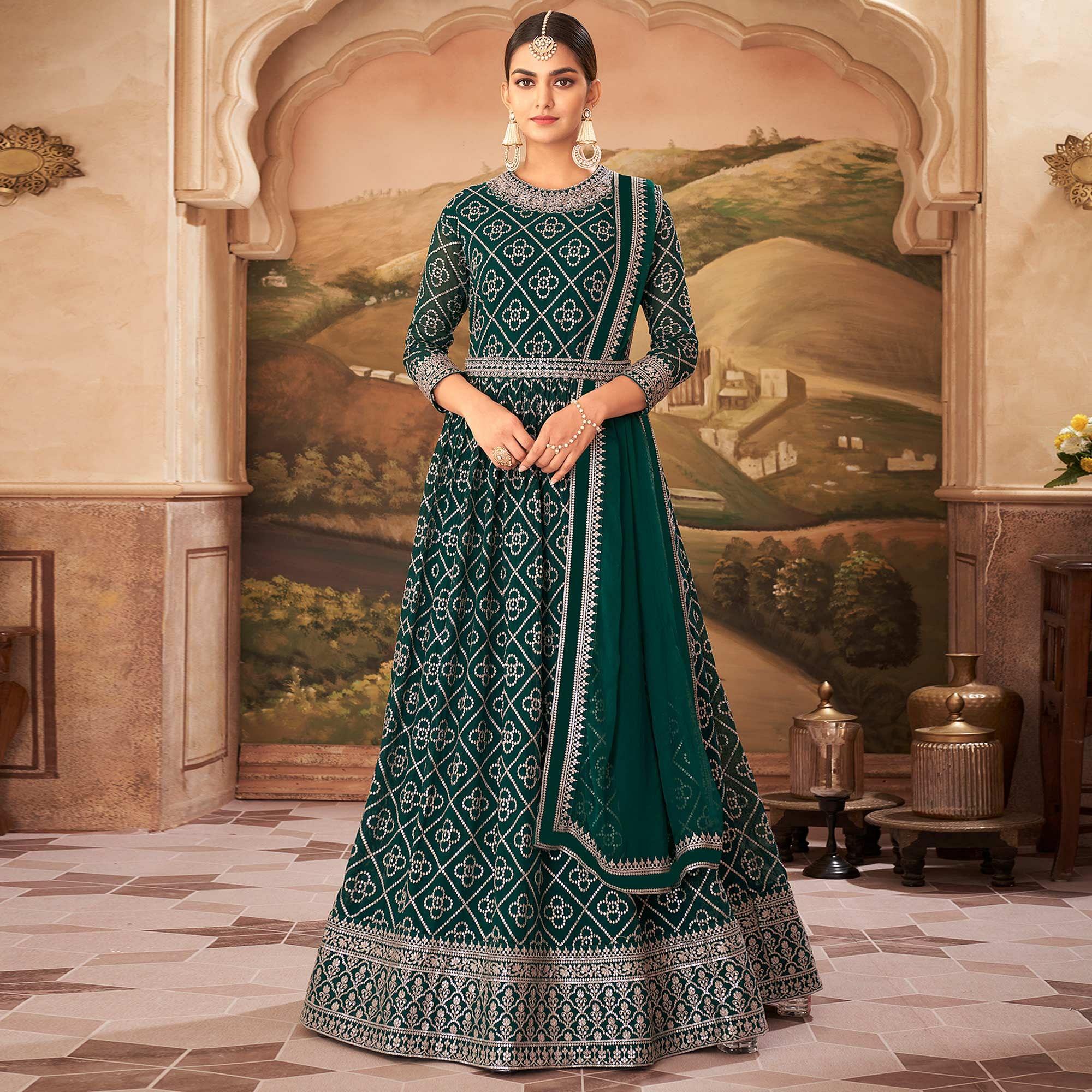 Green Partywear Sequence Embroidered Georgette Gown - Peachmode