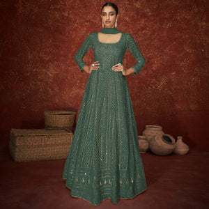 Green Partywear Sequence Embroidered Georgette Gown - Peachmode