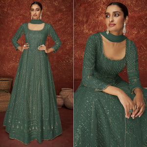 Green Partywear Sequence Embroidered Georgette Gown - Peachmode