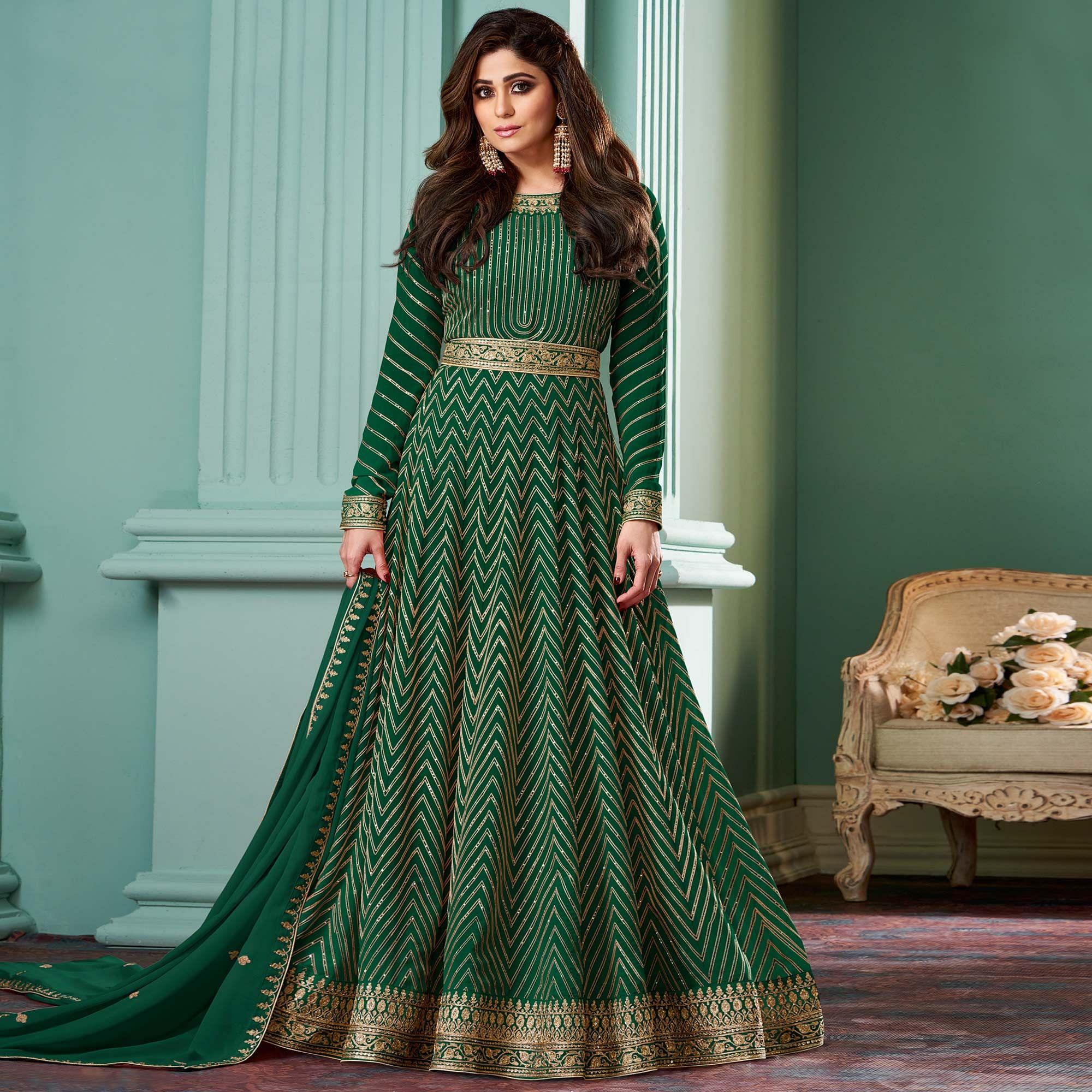 Green Partywear Sequence Embroidered Georgette Gown - Peachmode