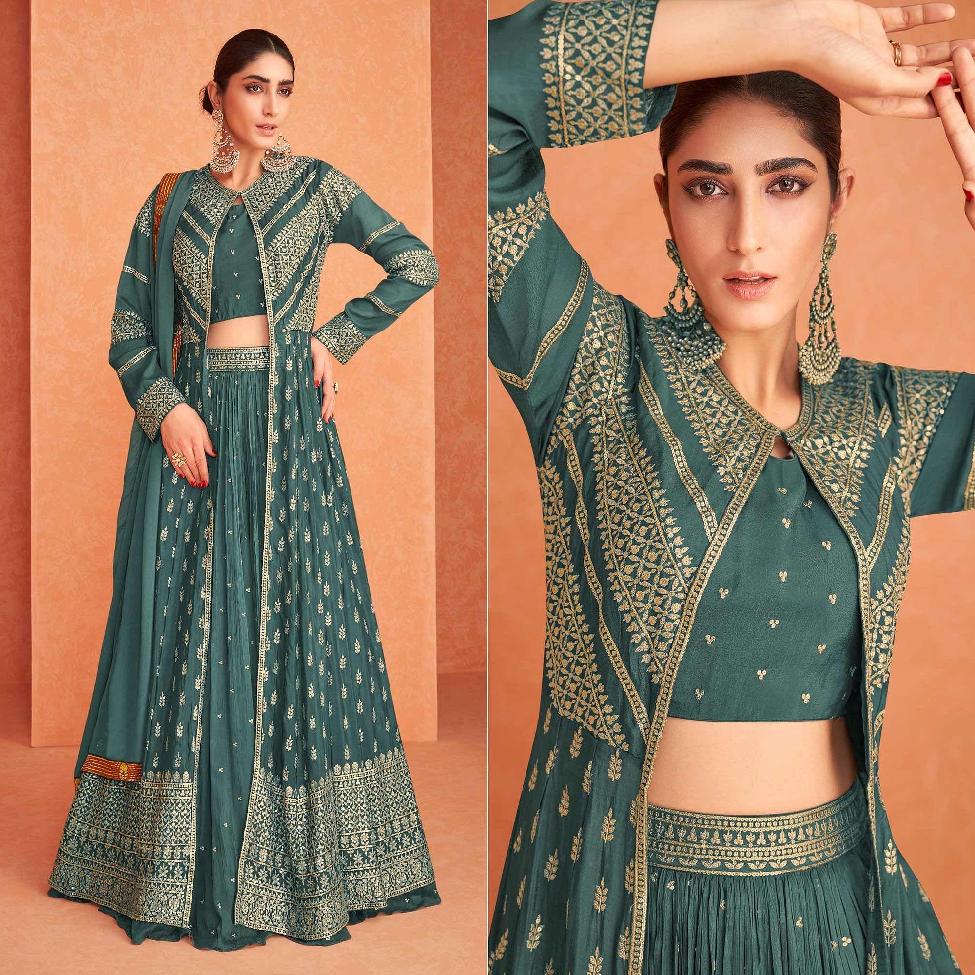 Green Partywear Sequence Embroidered Georgette Lehenga Choli With Jacket - Peachmode