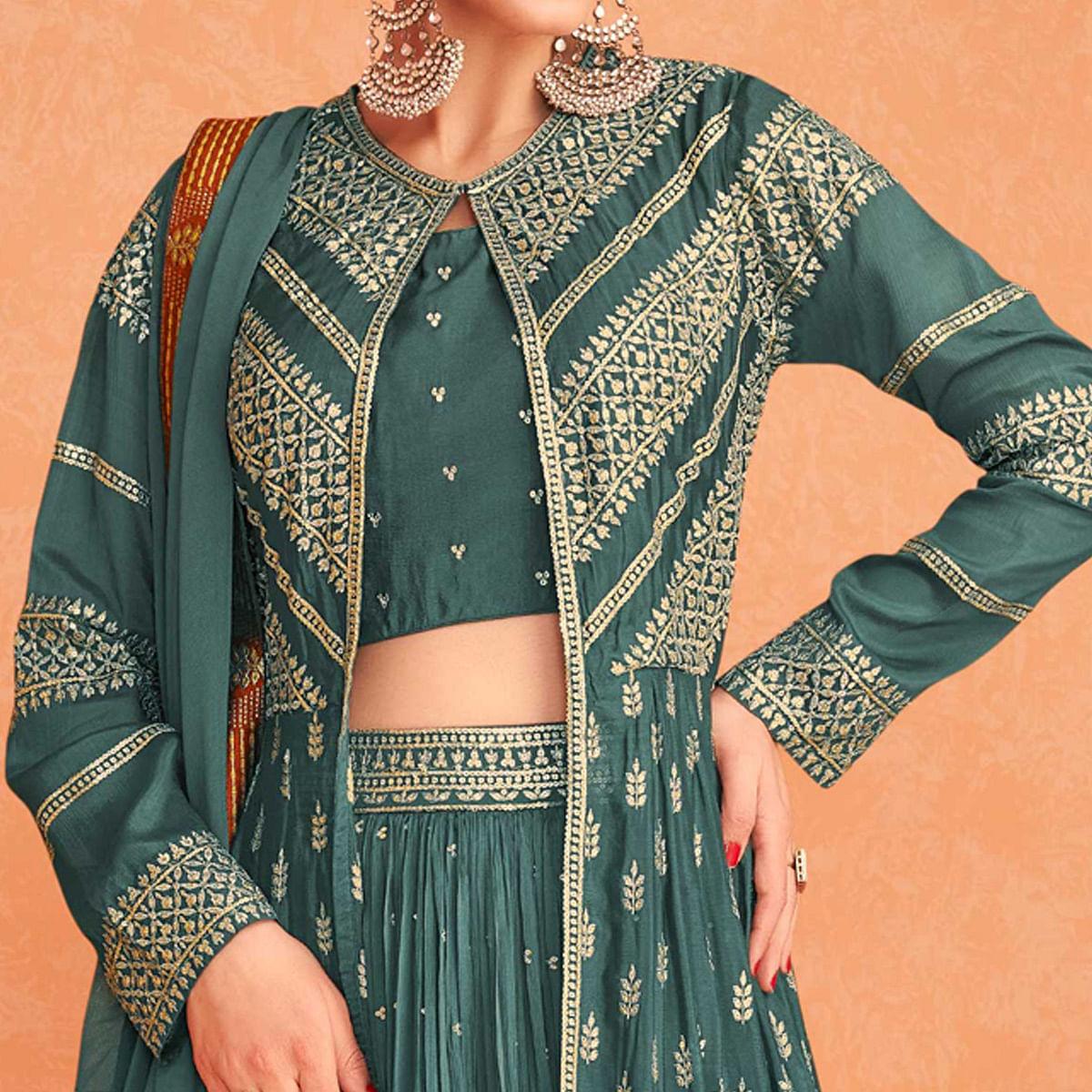 Green Partywear Sequence Embroidered Georgette Lehenga Choli With Jacket - Peachmode