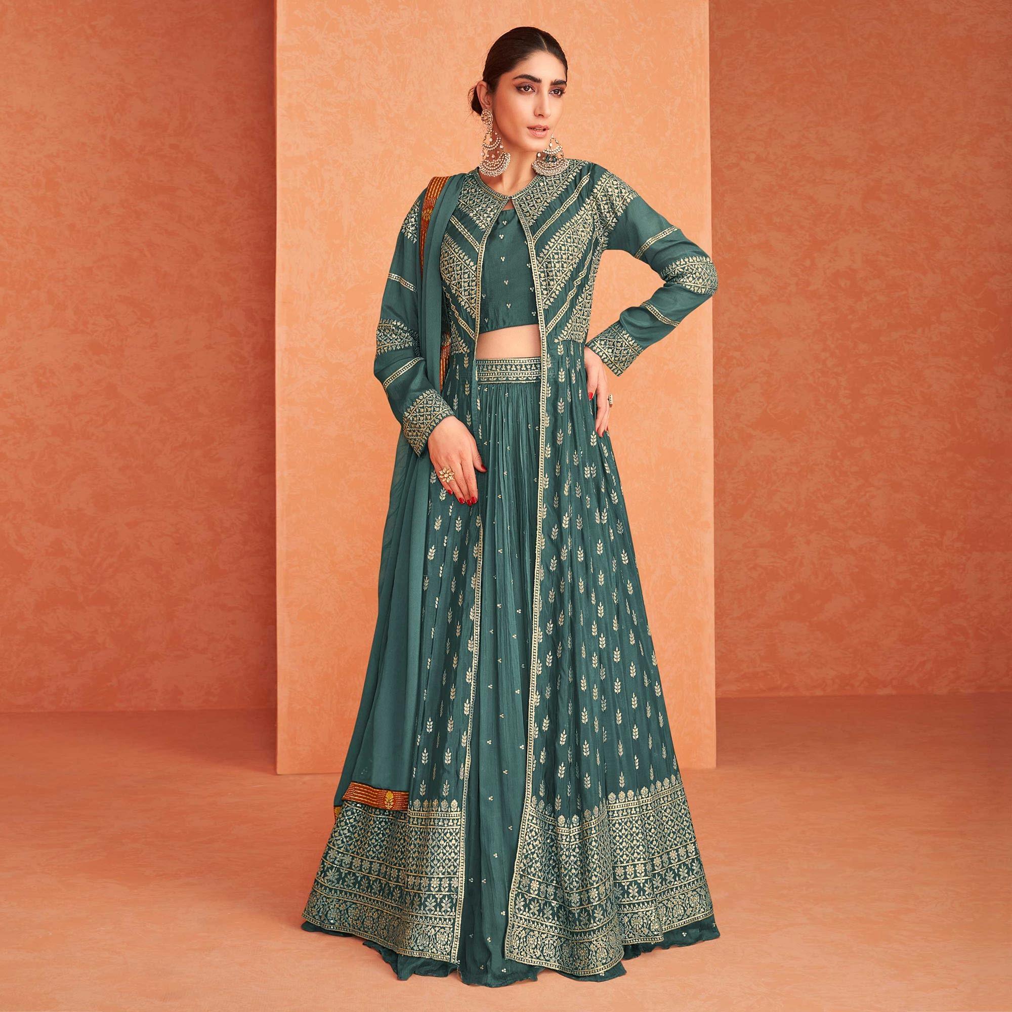 Green Partywear Sequence Embroidered Georgette Lehenga Choli With Jacket - Peachmode