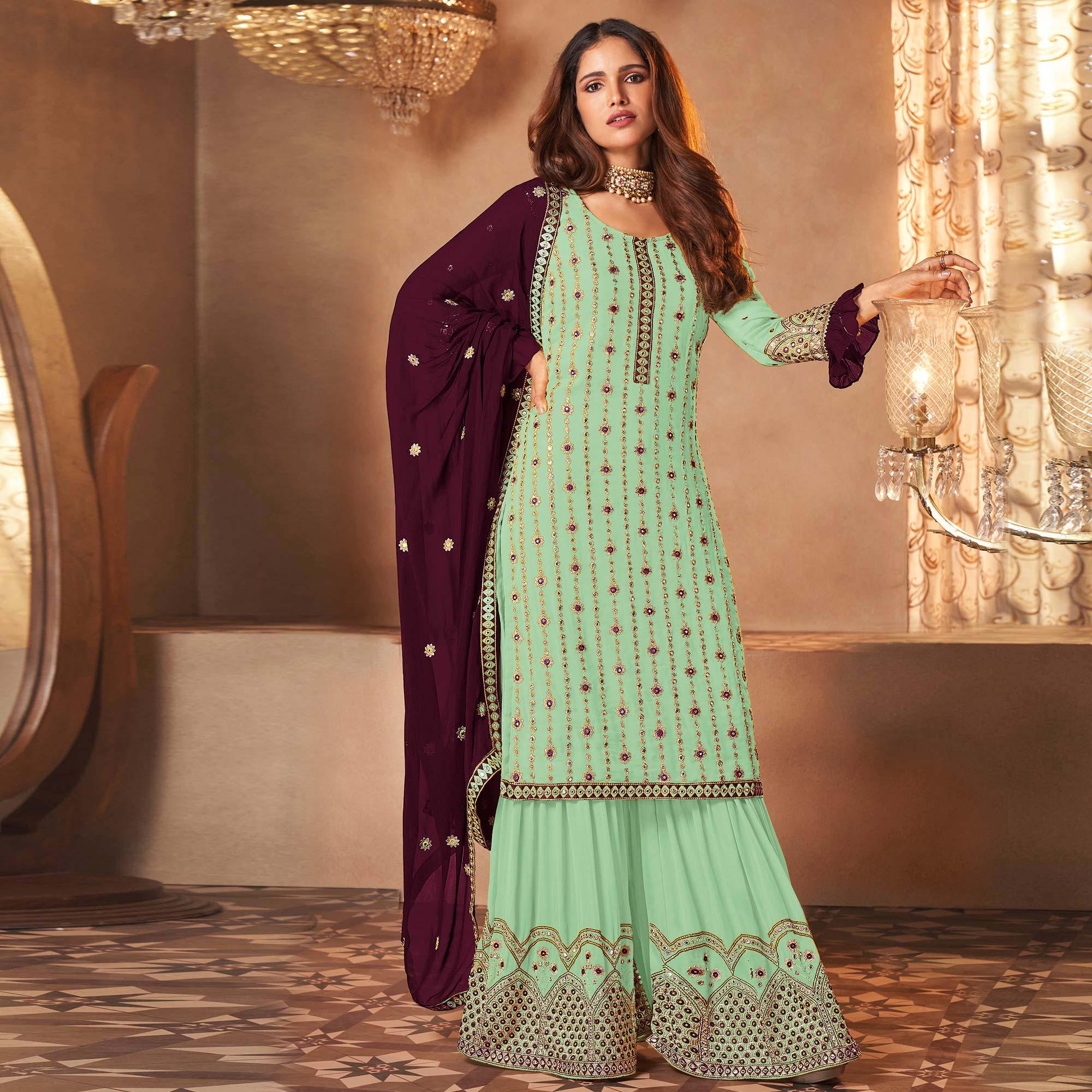 Green Partywear Sequence Embroidered Georgette Palazzo Suit - Peachmode