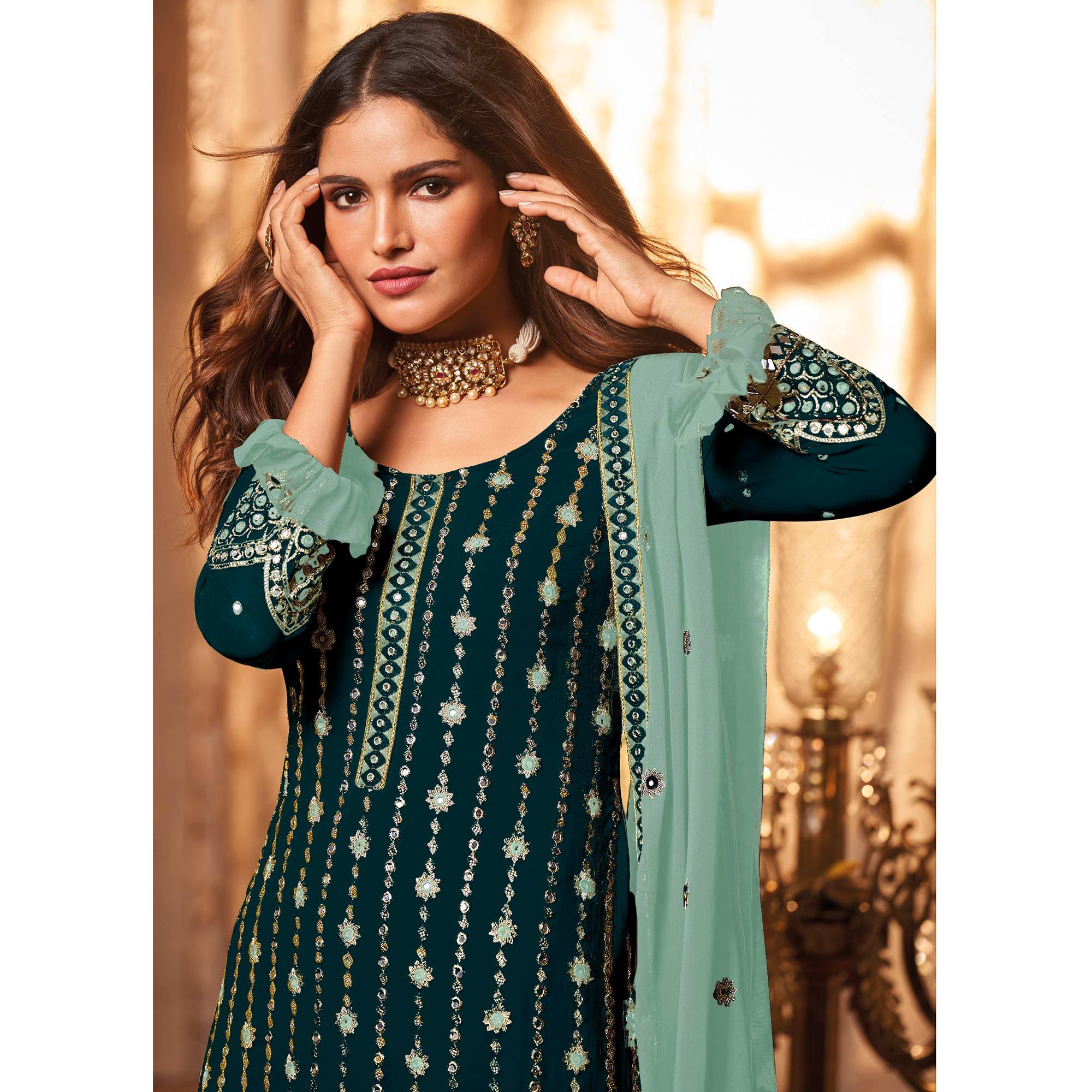 Green Partywear Sequence Embroidered Georgette Palazzo Suit - Peachmode