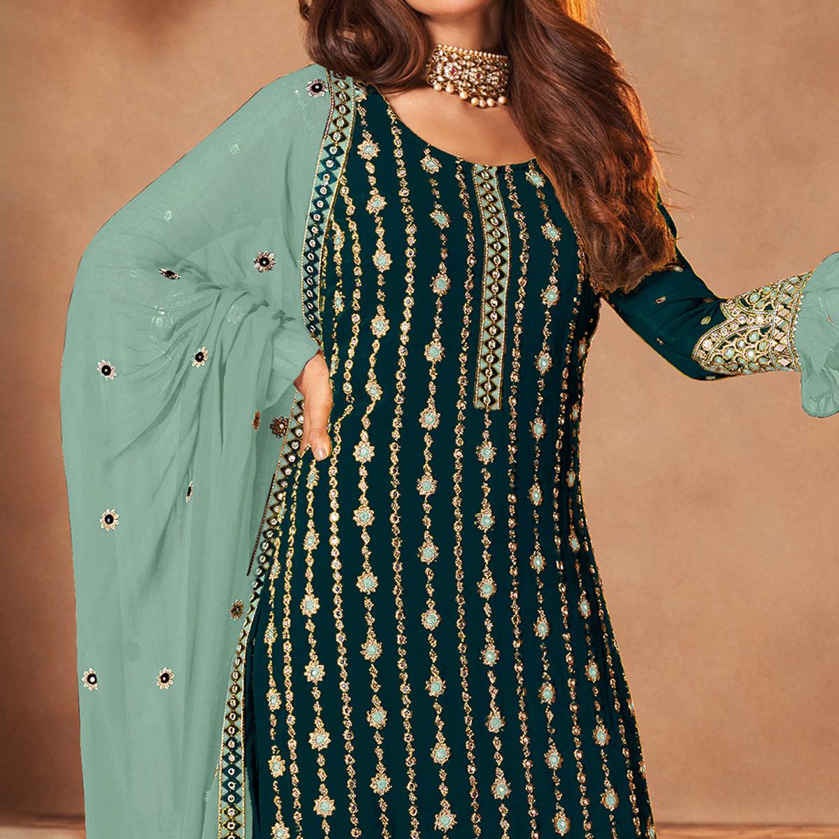 Green Partywear Sequence Embroidered Georgette Palazzo Suit - Peachmode