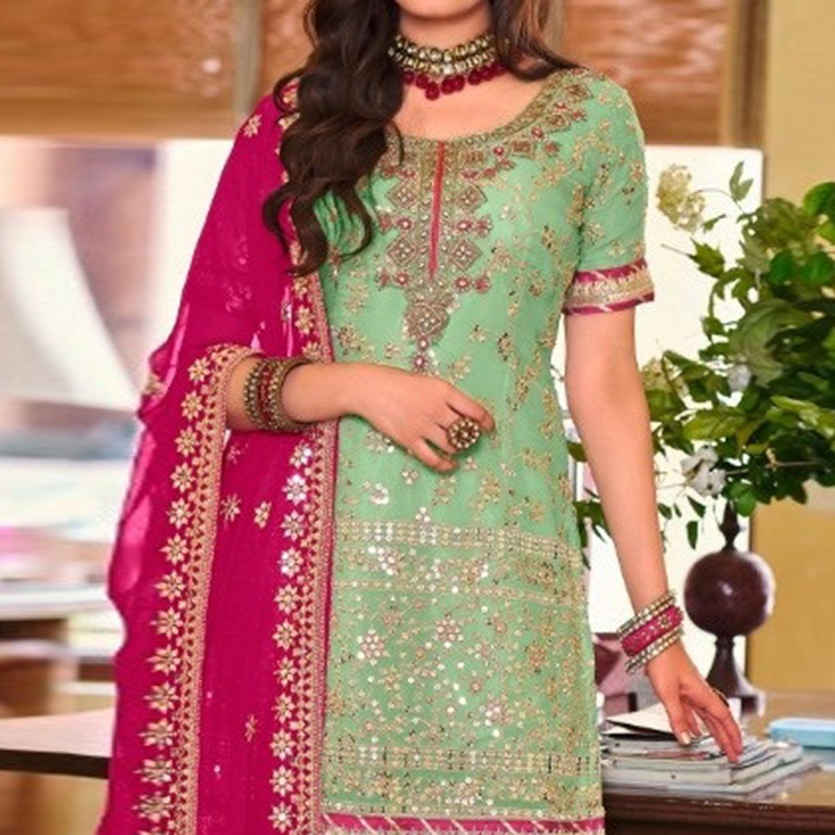Green Partywear Sequence Embroidered Georgette Sharara Suit - Peachmode