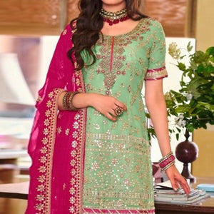 Green Partywear Sequence Embroidered Georgette Sharara Suit - Peachmode