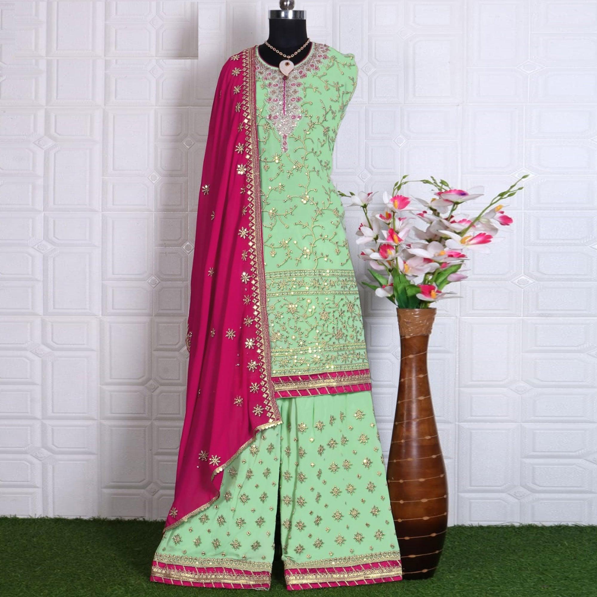 Green Partywear Sequence Embroidered Georgette Sharara Suit - Peachmode
