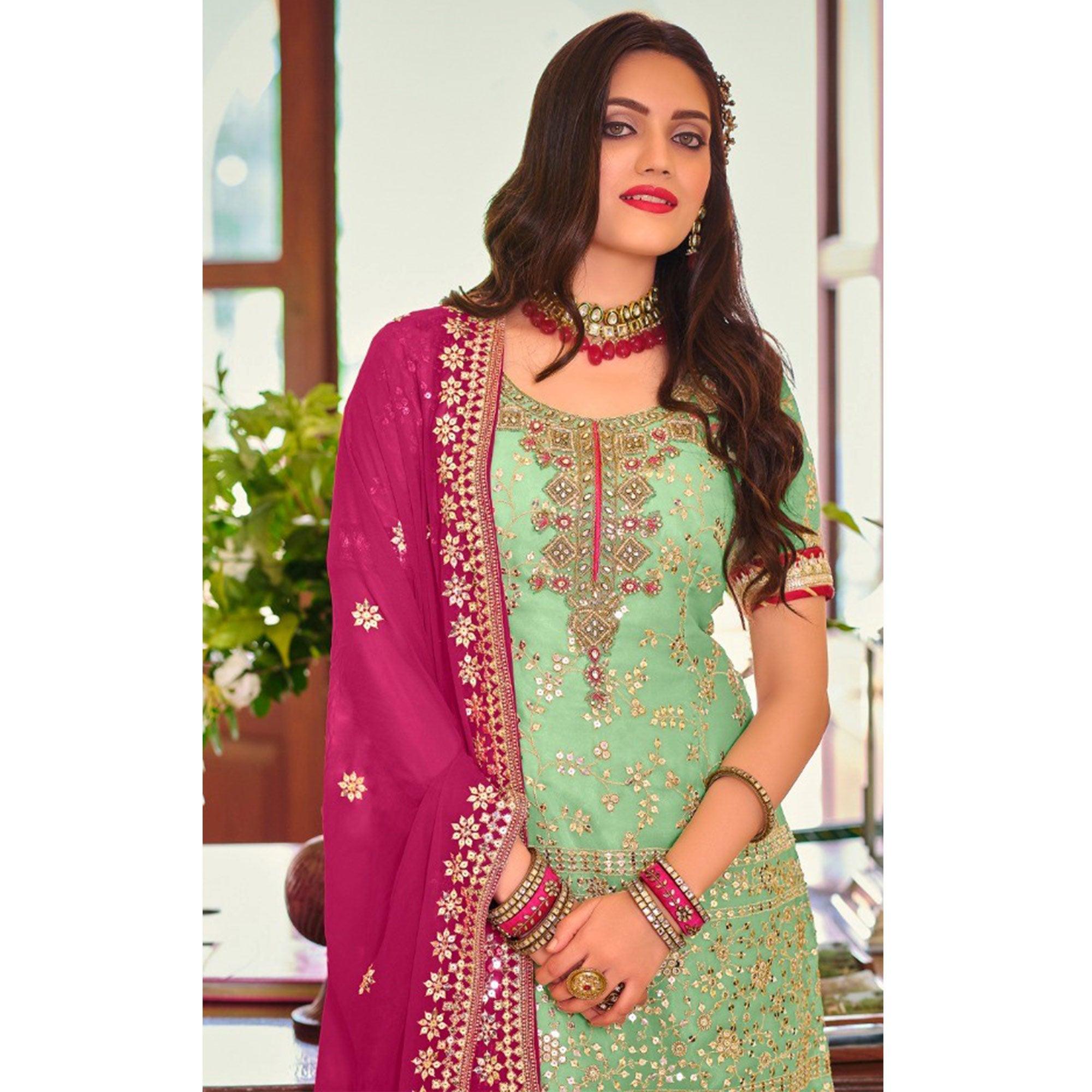 Green Partywear Sequence Embroidered Georgette Sharara Suit - Peachmode