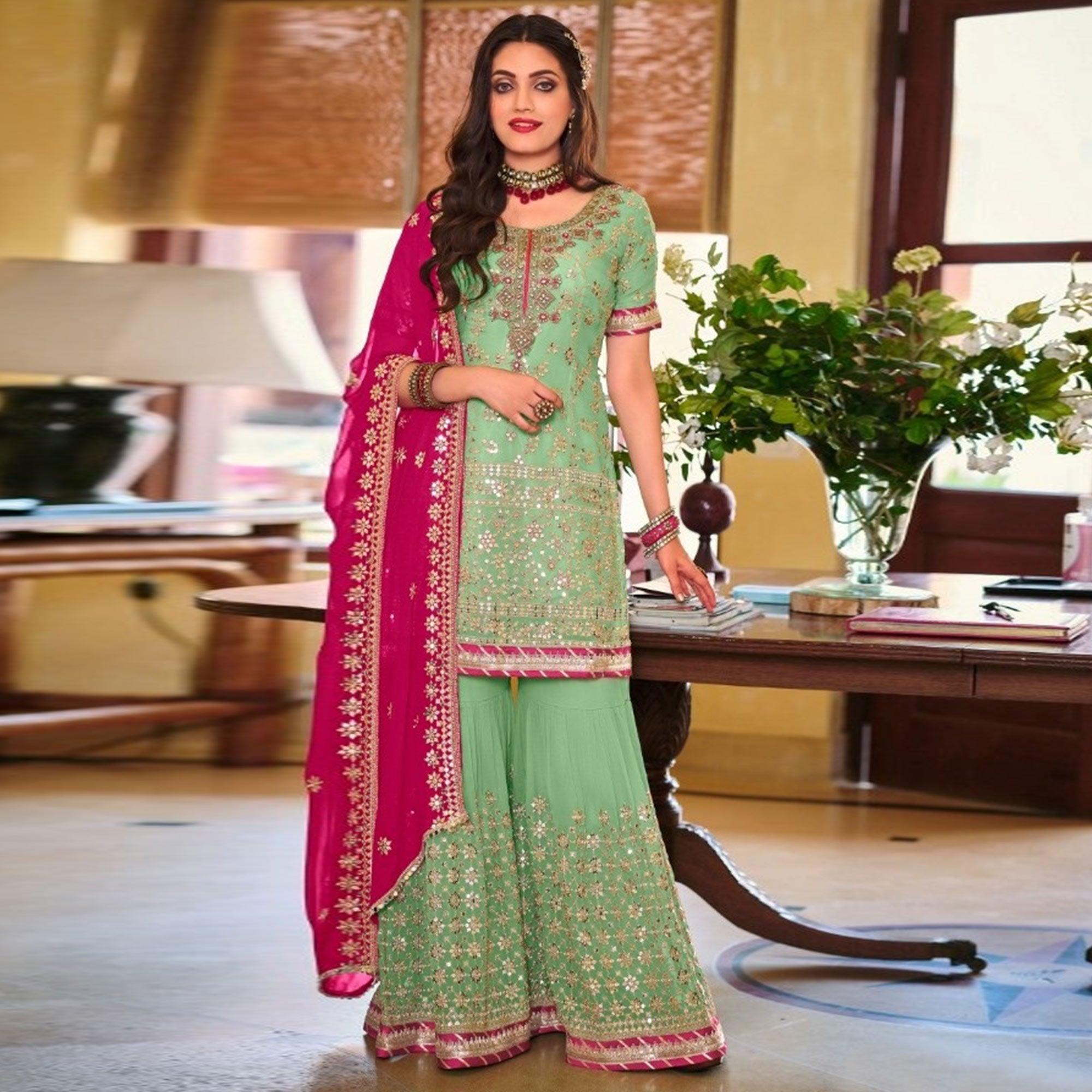 Green Partywear Sequence Embroidered Georgette Sharara Suit - Peachmode