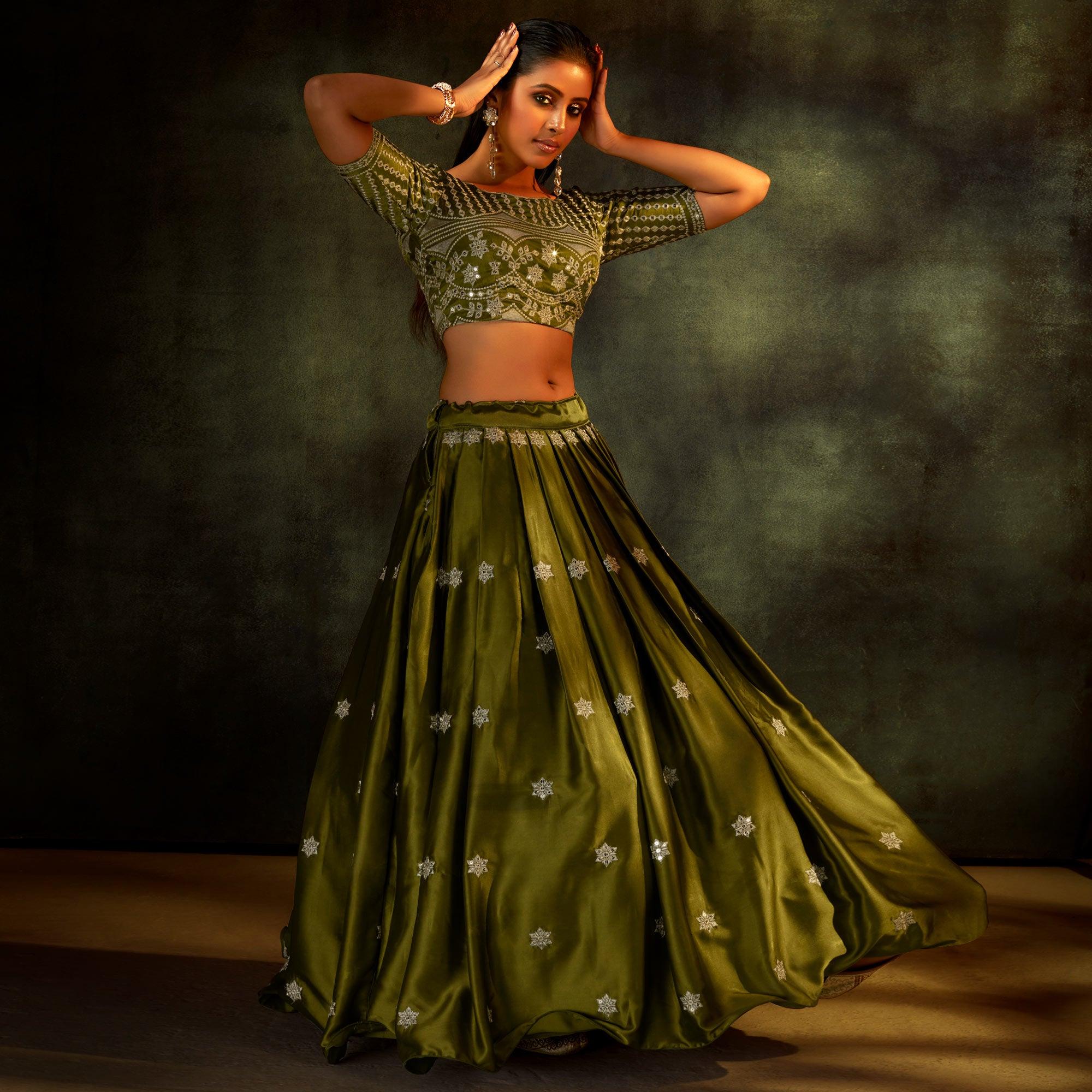 Green Partywear Sequence Embroidered Satin Lehenga Choli - Peachmode